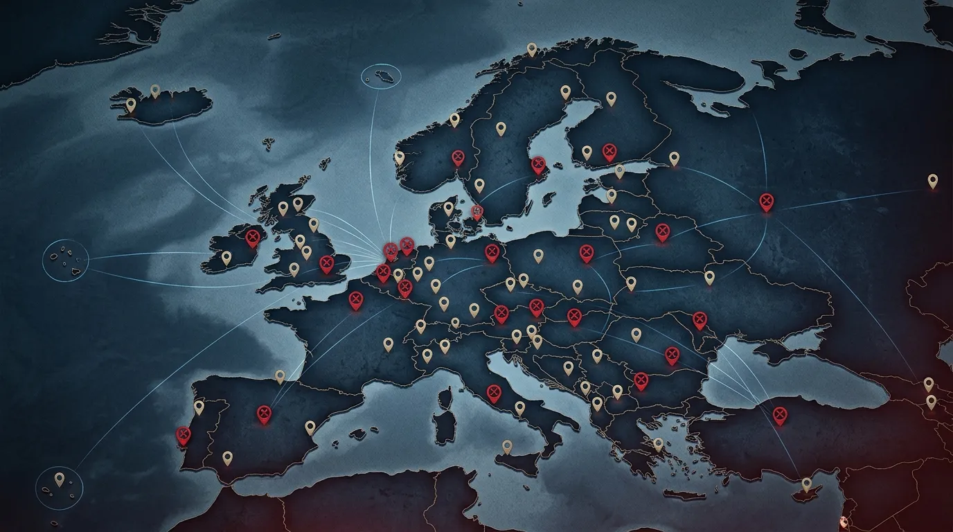 Conceptual map of Europe dotted with location pins marked as blacklisted, linked by faint lines to distant offshore islands